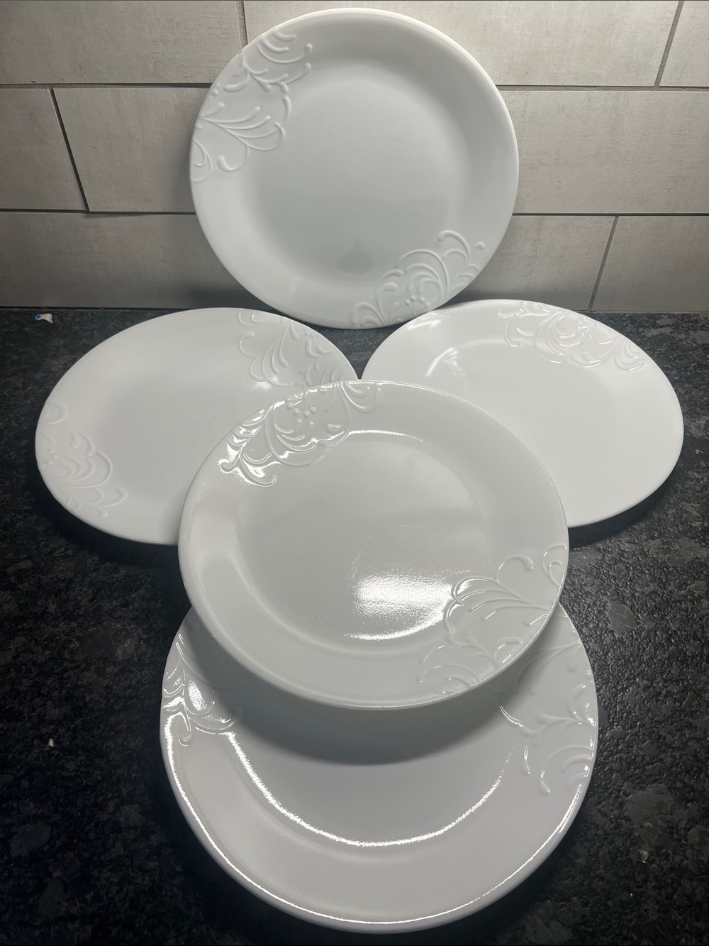 Set of 5 All White Embossed Corelle Cherish 10” Dinner Plates - raised pattern